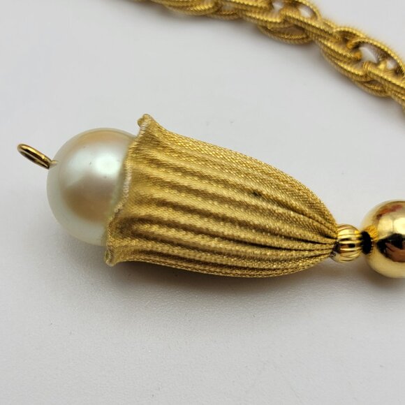 Vtg. Gold Tone Fancy Wheat Link Chain White Faux Pearl Drop Pendant Necklace 22" - Picture 4 of 7